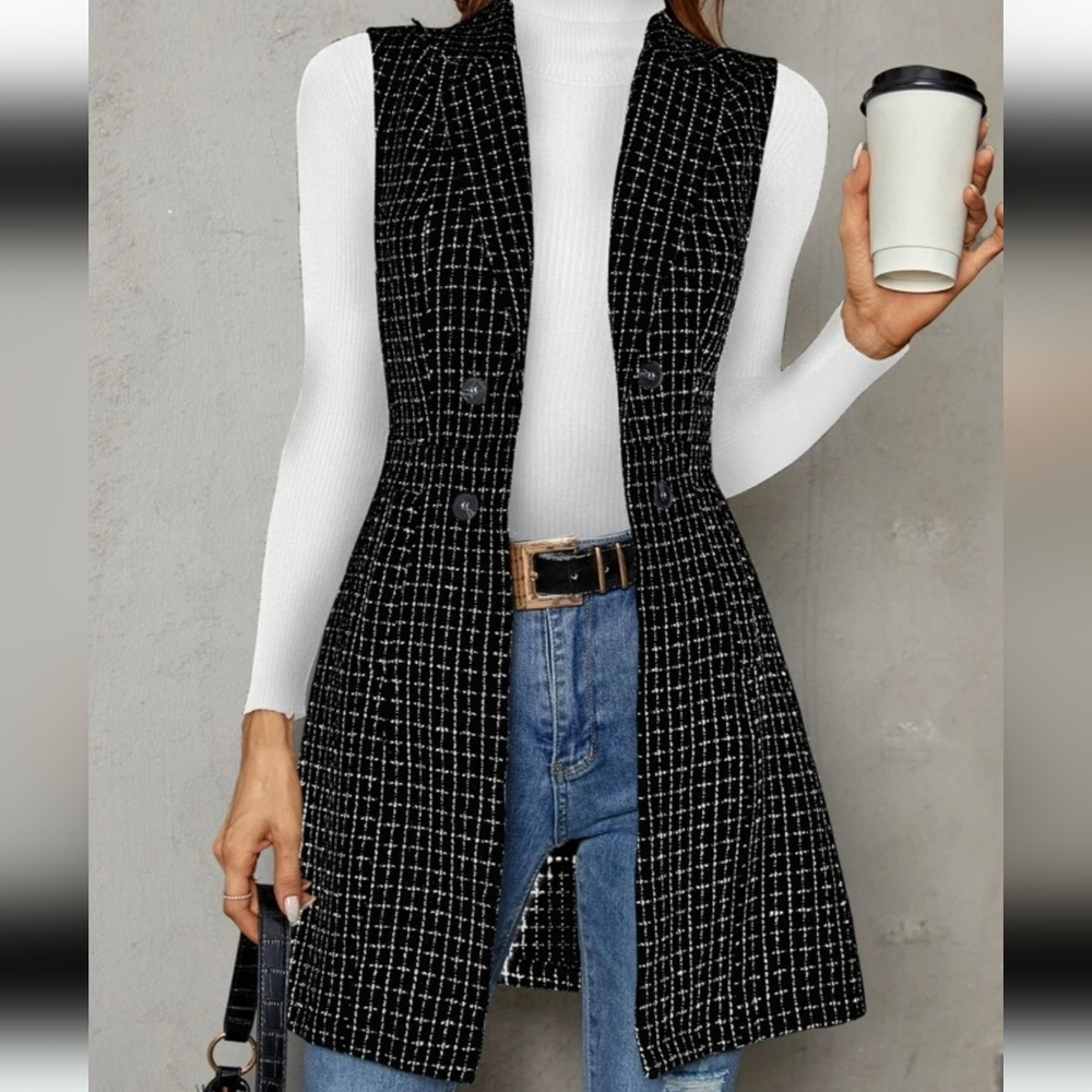 SHEIN Black & White Checked Long Vest